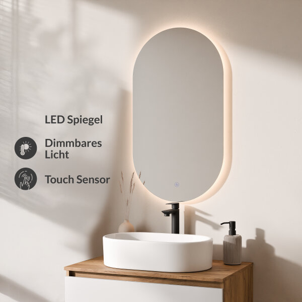 ARISA Badmöbel Set in Weiß - Mit LED Spiegel und weißem Keramik-Aufsatzwaschbecken 55 cm