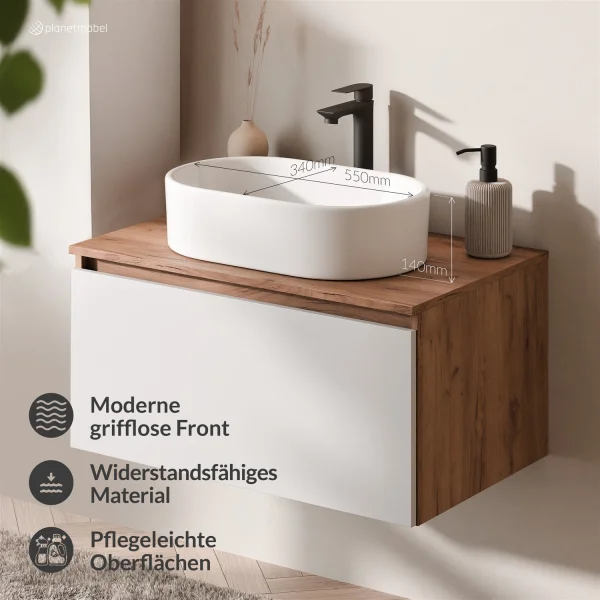 ARISA Badmöbel Set in Weiß - Mit LED Spiegel und weißem Keramik-Aufsatzwaschbecken 55 cm
