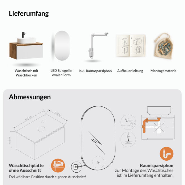 ARISA Badmöbel Set in Weiß - Mit LED Spiegel und weißem Keramik-Aufsatzwaschbecken 55 cm