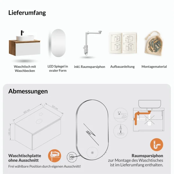 ARISA Badmöbel Set in Weiß - Mit LED Spiegel und weißem Keramik-Aufsatzwaschbecken 55 cm