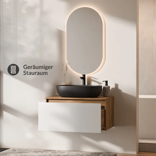 Ensemble de meubles de salle de bains ARISA en blanc - Avec miroir à LED et lavabo à poser en céramique noire de 60 cm