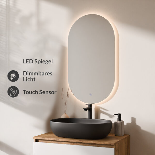 ARISA Badmöbel Set in Weiß - Mit LED Spiegel und schwarzem Keramik-Aufsatzwaschbecken 60 cm