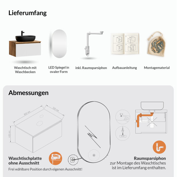 ARISA Badmöbel Set in Weiß - Mit LED Spiegel und schwarzem Keramik-Aufsatzwaschbecken 60 cm