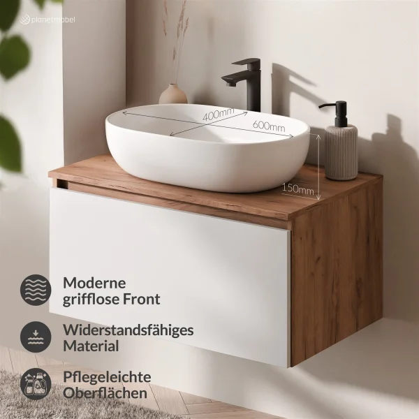 Ensemble de meubles de salle de bains ARISA en blanc - Avec miroir à LED et vasque à poser en céramique blanche de 60 cm