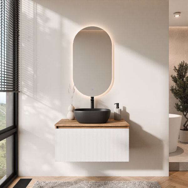 ARISA Badmöbel Set in Weiß Geriffelt - Mit LED Spiegel und schwarzem Keramik-Aufsatzwaschbecken 42 cm