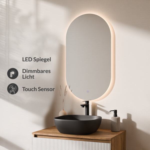 ARISA Badmöbel Set in Weiß Geriffelt - Mit LED Spiegel und schwarzem Keramik-Aufsatzwaschbecken 42 cm