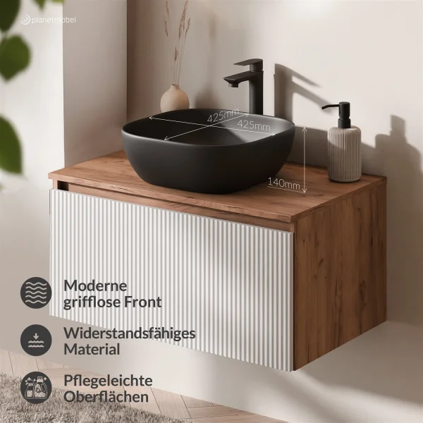ARISA Bathroom Furniture Set in White Ribbed - With LED Mirror and Black Ceramic Countertop Sink (42 cm)