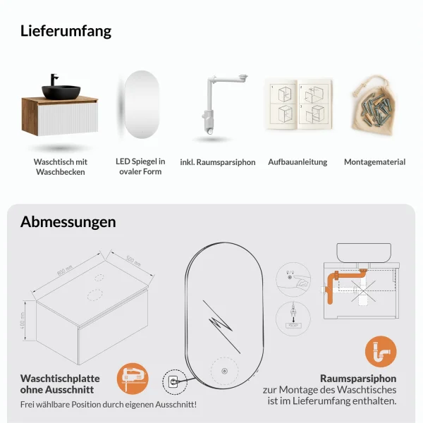 ARISA Bathroom Furniture Set in White Ribbed - With LED Mirror and Black Ceramic Countertop Sink (42 cm)