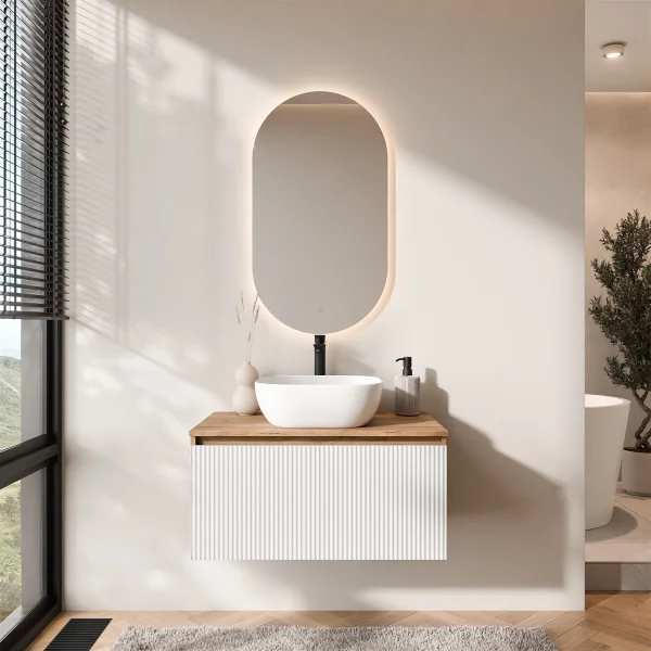 ARISA Bathroom Furniture Set in White Ribbed - With LED Mirror and White Ceramic Countertop Sink (42 cm)