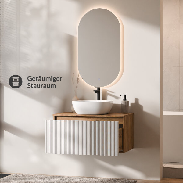 ARISA Badmöbel Set in Weiß Geriffelt - Mit LED Spiegel und weißem Keramik-Aufsatzwaschbecken 42 cm