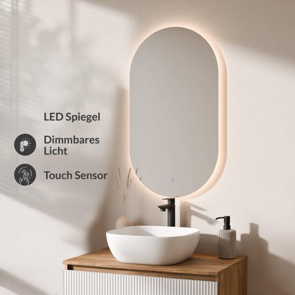 ARISA Badmöbel Set in Weiß Geriffelt - Mit LED Spiegel und weißem Keramik-Aufsatzwaschbecken 42 cm