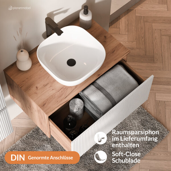 ARISA Badmöbel Set in Weiß Geriffelt - Mit LED Spiegel und weißem Keramik-Aufsatzwaschbecken 42 cm