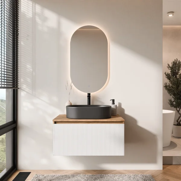 ARISA Bathroom Furniture Set in White Ribbed - With LED Mirror and Black Ceramic Countertop Sink (55 cm)