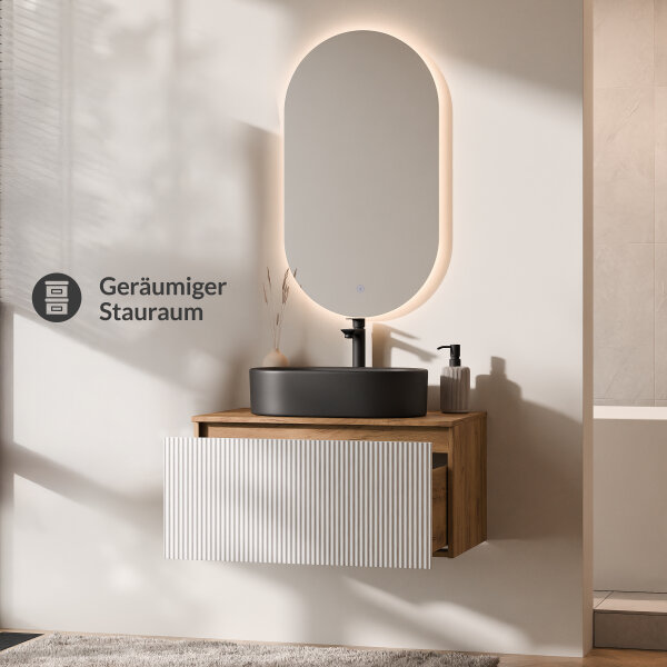 ARISA Badmöbel Set in Weiß Geriffelt - Mit LED Spiegel und schwarzem Keramik-Aufsatzwaschbecken 55 cm