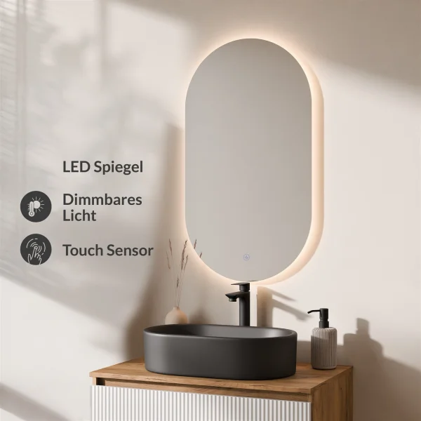 ARISA Bathroom Furniture Set in White Ribbed - With LED Mirror and Black Ceramic Countertop Sink (55 cm)