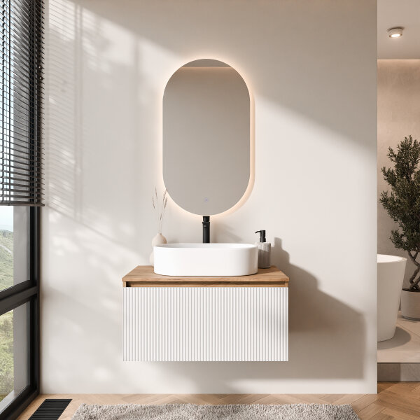 ARISA Badmöbel Set in Weiß Geriffelt - Mit LED Spiegel und weißem Keramik-Aufsatzwaschbecken 55 cm