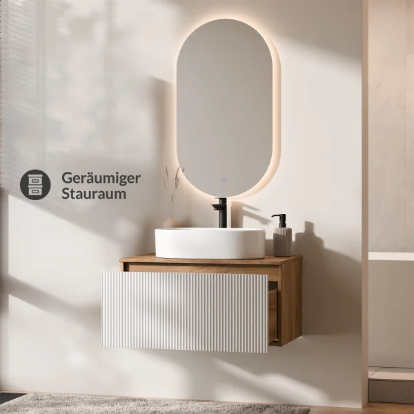 ARISA Bathroom Furniture Set in White Ribbed - With LED Mirror and White Ceramic Countertop Sink (55 cm)