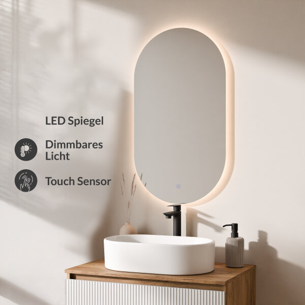 ARISA Badmöbel Set in Weiß Geriffelt - Mit LED Spiegel und weißem Keramik-Aufsatzwaschbecken 55 cm