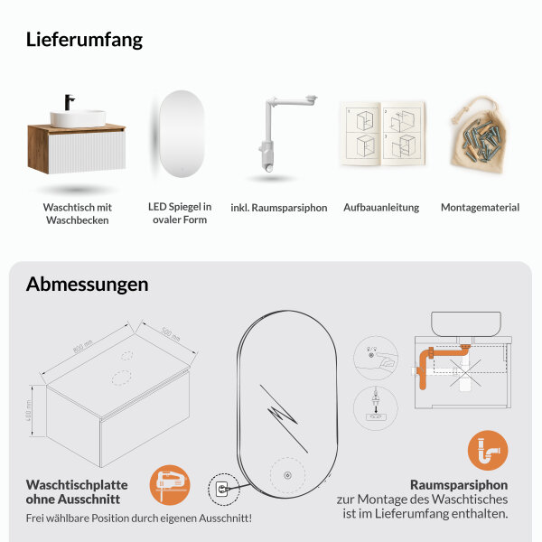 ARISA Badmöbel Set in Weiß Geriffelt - Mit LED Spiegel und weißem Keramik-Aufsatzwaschbecken 55 cm