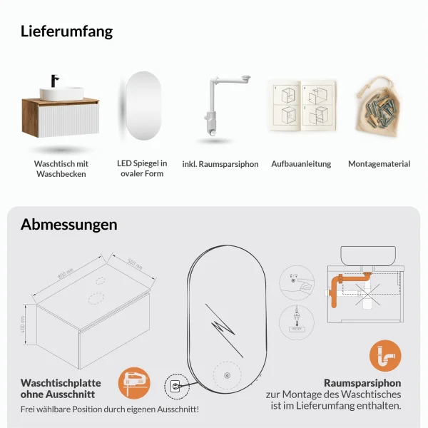ARISA Bathroom Furniture Set in White Ribbed - With LED Mirror and White Ceramic Countertop Sink (55 cm)