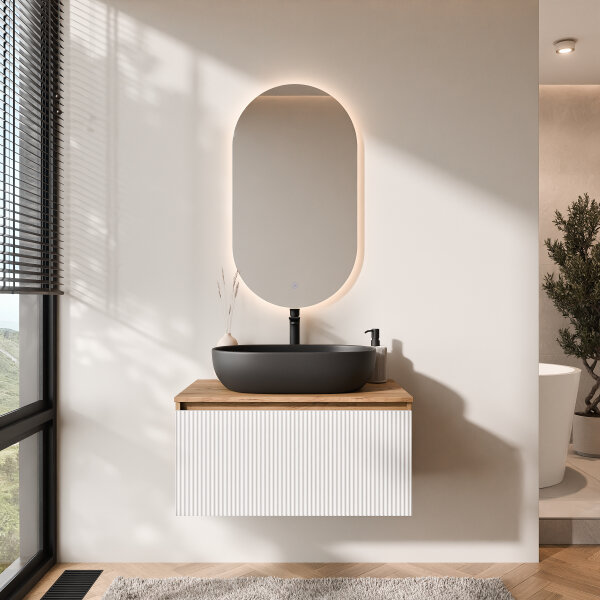 ARISA Badmöbel Set in Weiß Geriffelt - Mit LED Spiegel und schwarzem Keramik-Aufsatzwaschbecken 60 cm