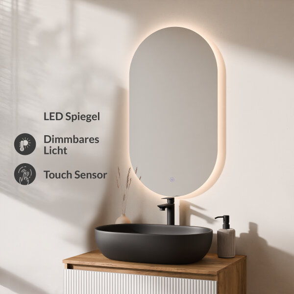 ARISA Badmöbel Set in Weiß Geriffelt - Mit LED Spiegel und schwarzem Keramik-Aufsatzwaschbecken 60 cm