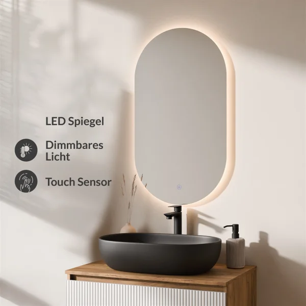 ARISA Bathroom Furniture Set in White Ribbed - With LED Mirror and Black Ceramic Countertop Sink (60 cm)