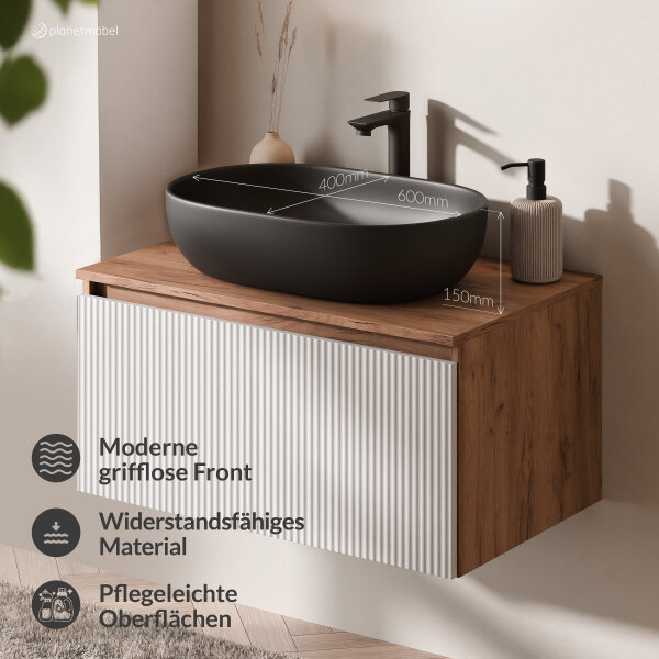 ARISA Badmöbel Set in Weiß Geriffelt - Mit LED Spiegel und schwarzem Keramik-Aufsatzwaschbecken 60 cm