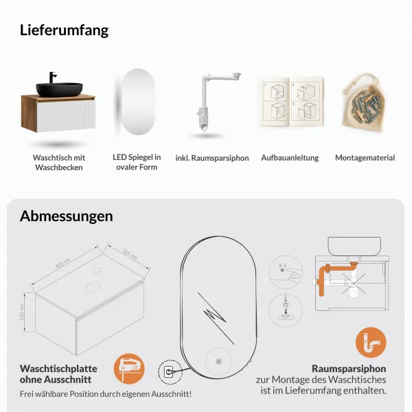 ARISA Bathroom Furniture Set in White Ribbed - With LED Mirror and Black Ceramic Countertop Sink (60 cm)