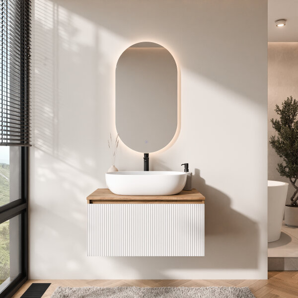 ARISA Badmöbel Set in Weiß Geriffelt - Mit LED Spiegel und weißem Keramik-Aufsatzwaschbecken 60 cm