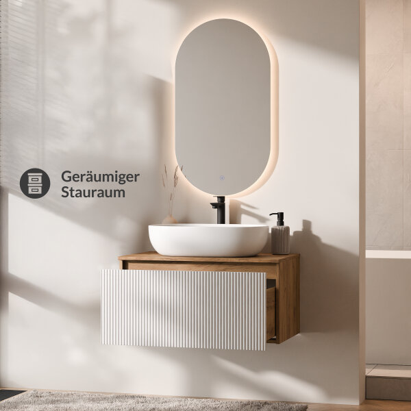 ARISA Badmöbel Set in Weiß Geriffelt - Mit LED Spiegel und weißem Keramik-Aufsatzwaschbecken 60 cm