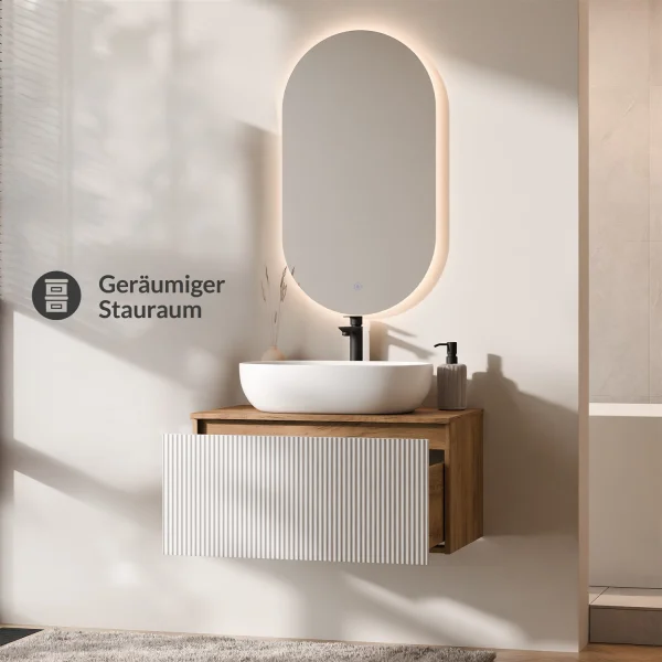 ARISA Bathroom Furniture Set in White Ribbed - With LED Mirror and White Ceramic Countertop Sink (60 cm)