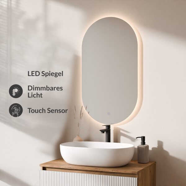 ARISA Badmöbel Set in Weiß Geriffelt - Mit LED Spiegel und weißem Keramik-Aufsatzwaschbecken 60 cm