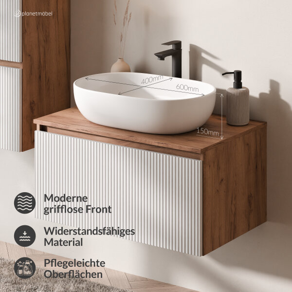 ARISA Badmöbel Set in Weiß Geriffelt - Mit LED Spiegel und weißem Keramik-Aufsatzwaschbecken 60 cm