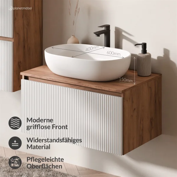 ARISA Bathroom Furniture Set in White Ribbed - With LED Mirror and White Ceramic Countertop Sink (60 cm)