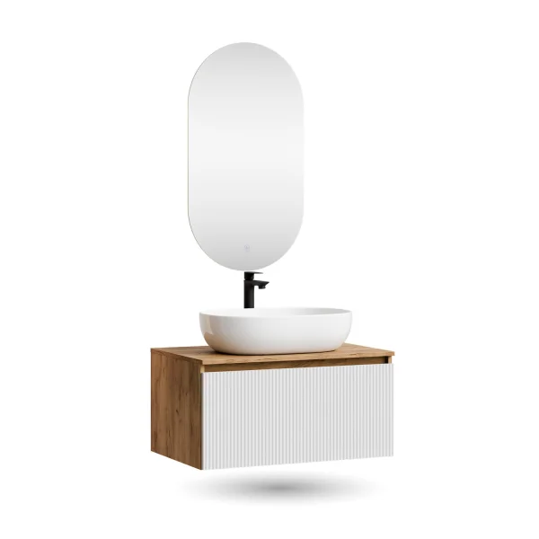 ARISA Bathroom Furniture Set in White Ribbed - With LED Mirror and White Ceramic Countertop Sink (60 cm)