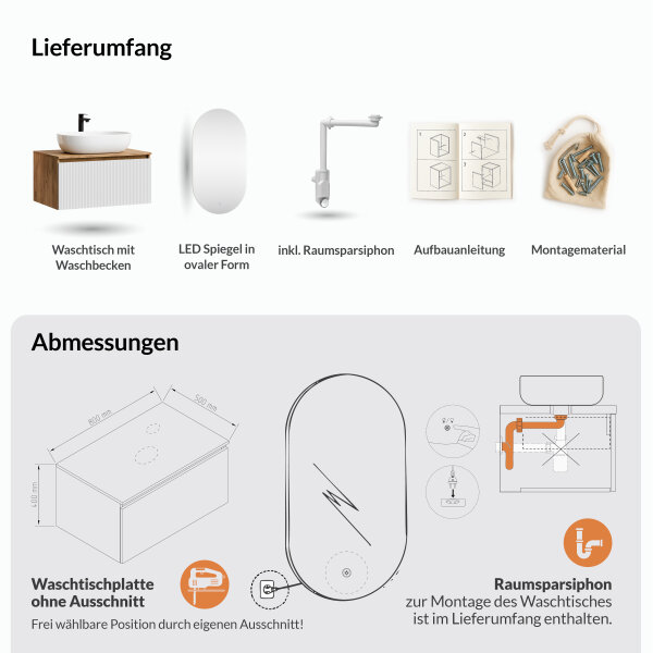 ARISA Badmöbel Set in Weiß Geriffelt - Mit LED Spiegel und weißem Keramik-Aufsatzwaschbecken 60 cm
