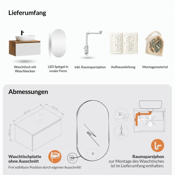 ARISA Bathroom Furniture Set in White Ribbed - With LED Mirror and White Ceramic Countertop Sink (60 cm)