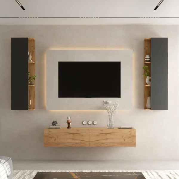 Conjunto de mueble para televisión de 160 cm con 2 armarios laterales (3 piezas)