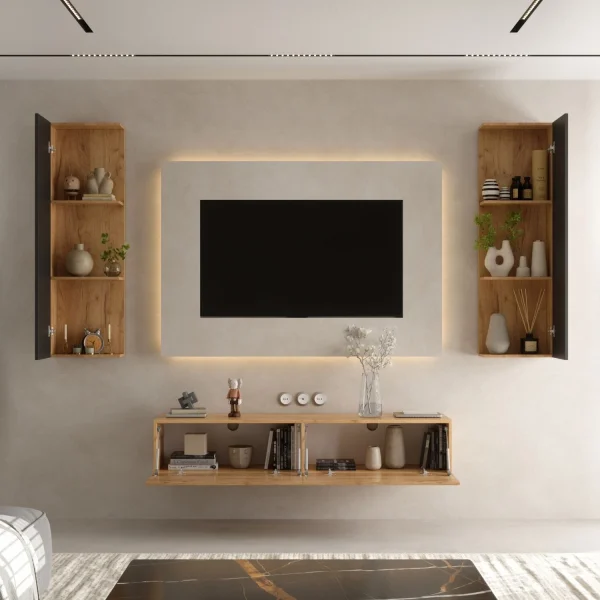 Conjunto de mueble para televisión de 160 cm con 2 armarios laterales (3 piezas)