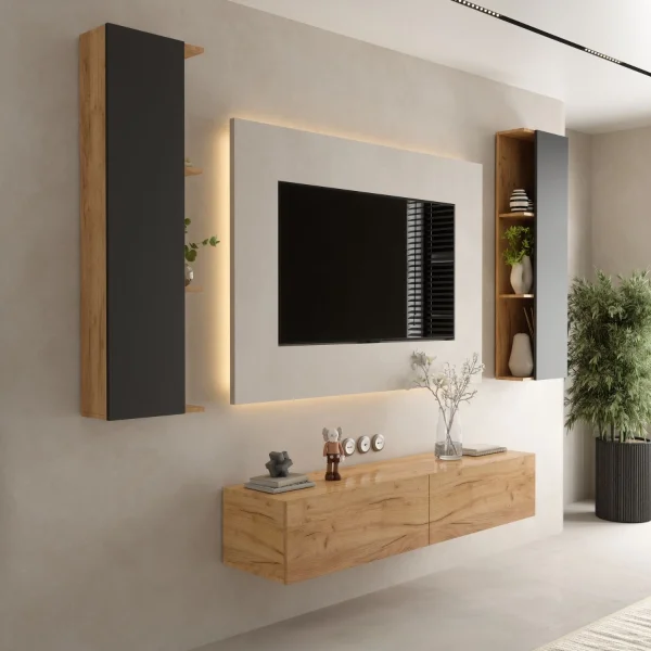 Conjunto de mueble para televisión de 160 cm con 2 armarios laterales (3 piezas)