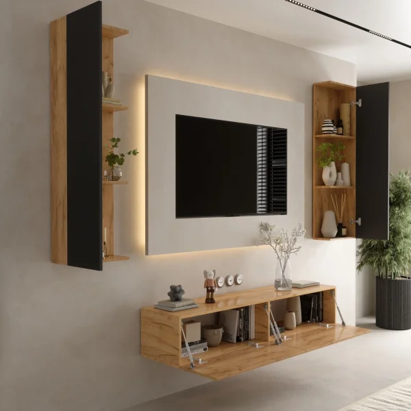 Conjunto de mueble para televisión de 160 cm con 2 armarios laterales (3 piezas)
