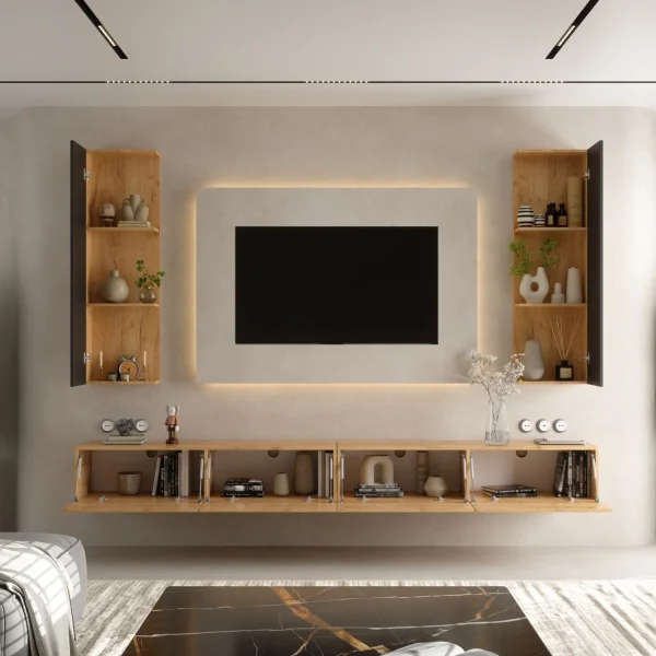 Conjunto de mueble para televisión de 280 cm con 2 armarios laterales (4 piezas)