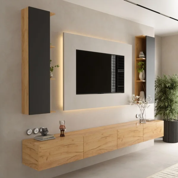Conjunto de mueble para televisión de 280 cm con 2 armarios laterales (4 piezas)