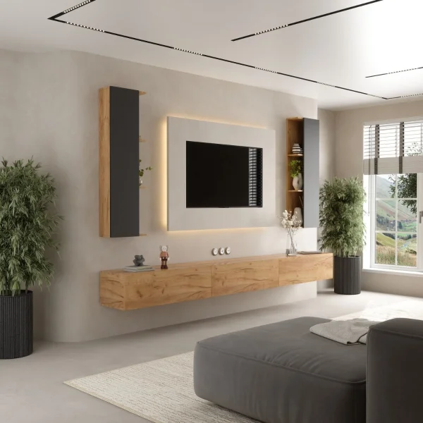 Conjunto de mueble para televisión de 300 cm con 2 armarios laterales (5 piezas)