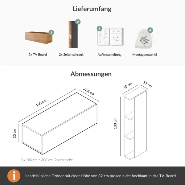 Conjunto de mueble para televisión de 300 cm con 2 armarios laterales (5 piezas)