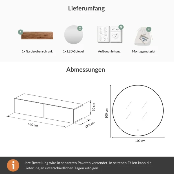 Set da ingresso: armadio guardaroba da 140 cm con specchio a LED Nova da 100 cm
