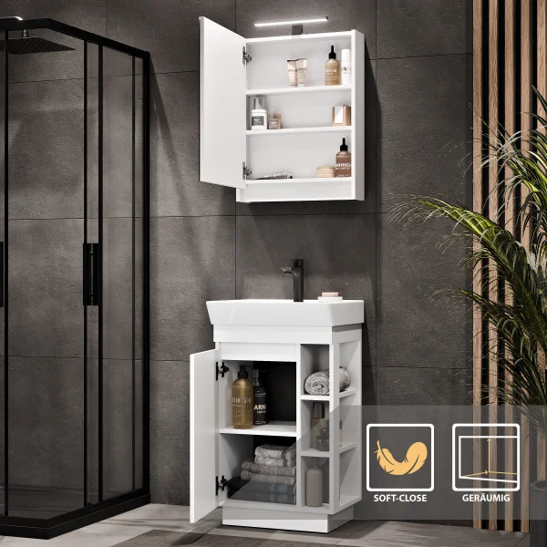 Conjunto de muebles de baño NYX: lavabo de 50 cm en blanco mate con armario con espejo y grifería negra