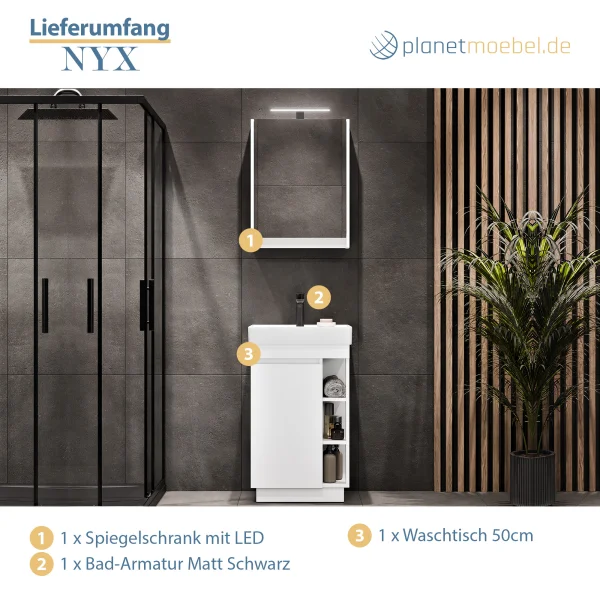 Conjunto de muebles de baño NYX: lavabo de 50 cm en blanco mate con armario con espejo y grifería negra