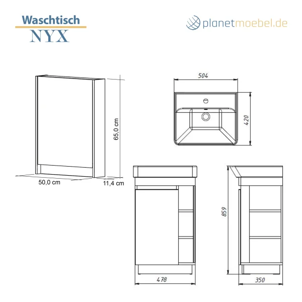 Badmöbel Set NYX Waschtisch 45 cm Matt Weiß mit Spiegelschrank und Armatur Chrom